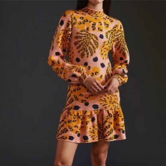 FARM Rio Dresses & Skirts - Farm Rio Palms Cheetah Sweater Mini Dress XL Stretch Knit